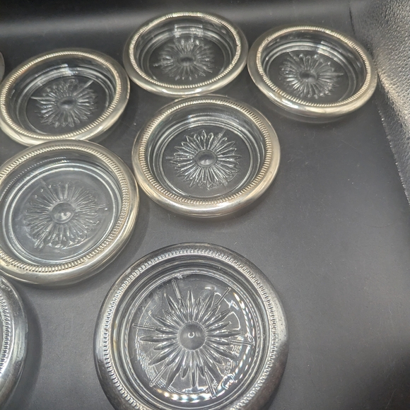 Set of 9 Glass Coasters with Silverplate Trim - Picture 3 of 7